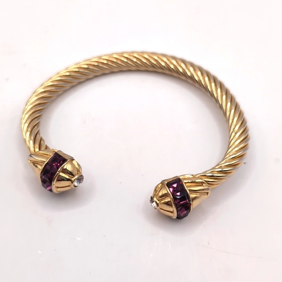 Vintage Gold-Tone Cuff Bracelet Twisted Rope Detail with Rhinestone Covered Caps - Picture 7 of 7